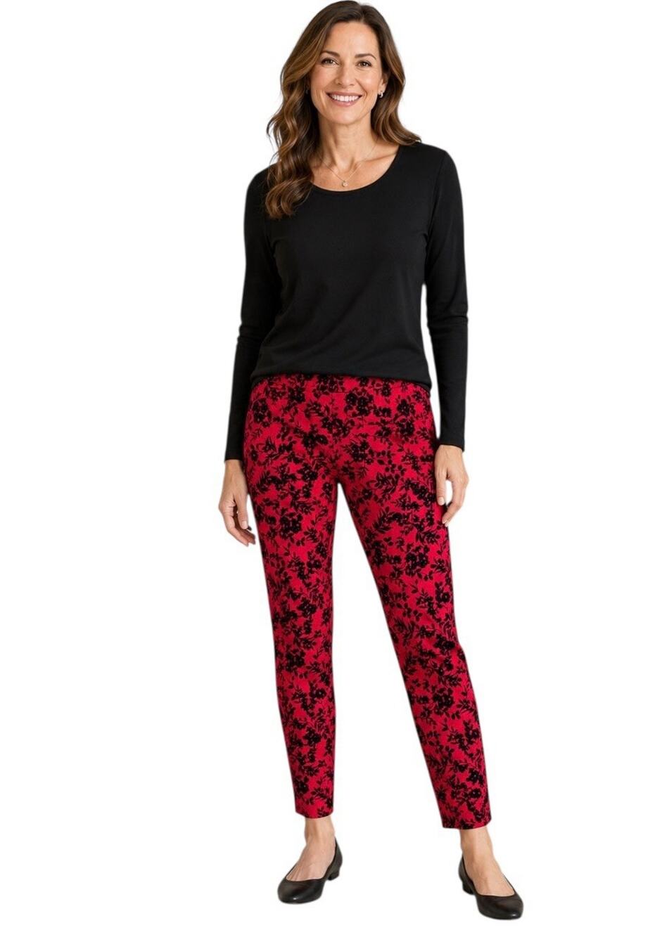 Chico’s 0.5, 6 Fabulously Slimming Ankle Pull On Pant Red Black Velvet Ponte NWT